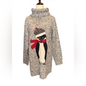 Talbots Speckled Holiday Gray Penguin Knit Sweater